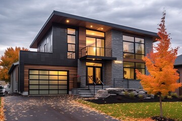 Contemporary Architecture: A Brand New Dwelling with a Two-Car Garage, Dark Gray Siding, and Natural Stone Details, generative AI