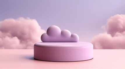 Abstract, elegant podium and product pedestal, fairytale landscape. Pastel purple, pink soft clouds background. Generative ai