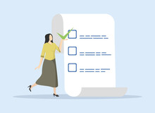 self evaluation for personal development or work improvement concept, self assessment concept, woman putting check mark on checkbox in notepad paper achievement list. flat vector illustration.