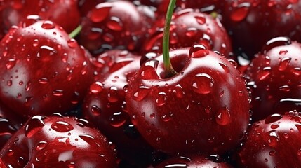 Wall Mural - Abstract fresh cherries seamless background adorned with glistening droplets of water. Generative ai