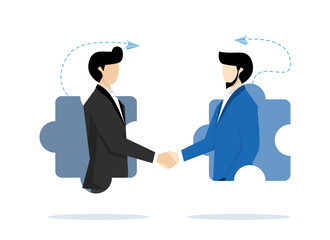 businessmen shaking hands on a jigsaw puzzle. business agreement partners or coordination cooperatio