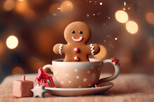 Gingerbread Man In A Cup Of Hot Chocolate Or Cocoa. AI Generated