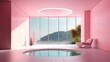 Pool in modern pink room with view to a landscape. Generative ai