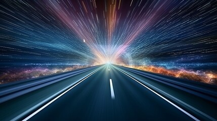 speed light trail in empty highway tunnel. generative ai