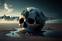 Humanoid Skull With Cracks And Decay In Desert Landscape