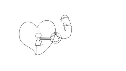 Wall Mural - Animated self drawing of continuous line draw Arab businessman putting big key into heart. Male lover try to unlock woman's heart. Metaphor love, marriage invitation. Full length one line animation