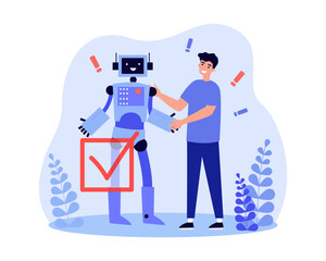 Wall Mural - happy man shaking hands with comic robot vector illustration. male person making friends with roboti