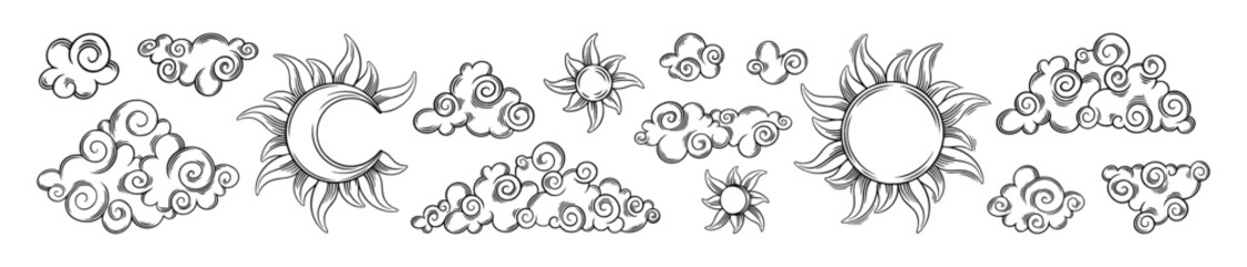 tarot sun and moon esoteric set. engraved tarot elements with celestial and antique symbols. vector 