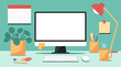home office workspace concept, blank screen desktop computer on table with keyboard, mouse, cup, pencil holder, lamp and plant on desk, and post it note, calendar on wall, vector flat illustration