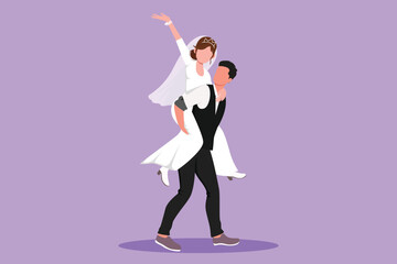 Wall Mural - Character flat drawing of sweet married couple with man in suit carrying woman with wedding dress on his back. Happy romantic couple in love celebrate wedding party. Cartoon design vector illustration