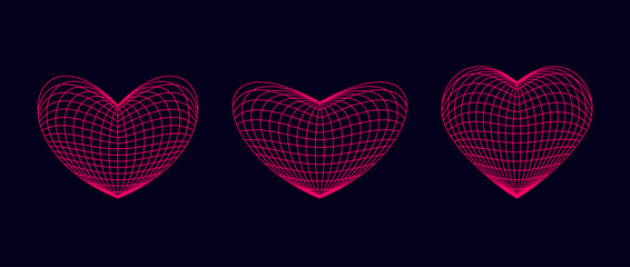 Pink wireframe heart shapes set. grids. Grid design element. Love or cardiology concept for posters, templates, flyers, banners. Vector illustration pack 