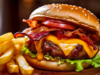 Freshly cooked juicy burger with crispy bacon, lettuce, tomato, and melted cheese with a side of golden fries on a wooden table, created by Generative AI.