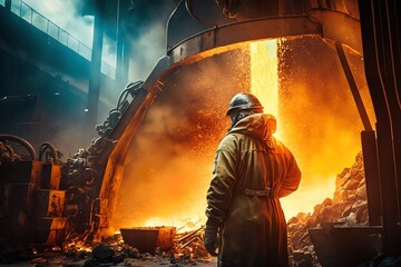 Steel making plant factory. Glow and Sparks produced while pouring of raw metal into hot furnace by large ladle of Steel plant. Generative AI