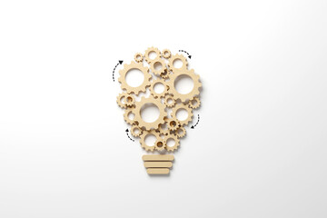 Wall Mural - Business process and workflow automation with flowchart. Wooden cog flowing process management lightbulb shape on white background. 3d illustration