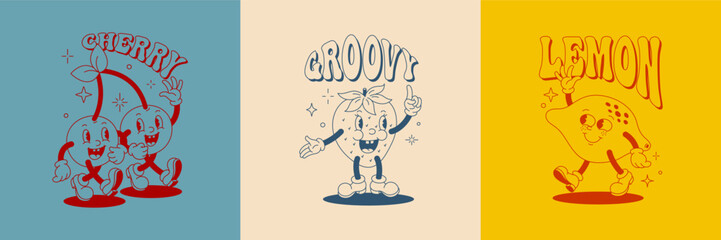 Wall Mural - Retro Cartoon Character Fruit Poster Set. Vector Funny Comic Illustration with Cherry, Strawberry and Lemon