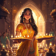 Ai generated illustration of Beautiful Indian women in saree enjoy diwali festival