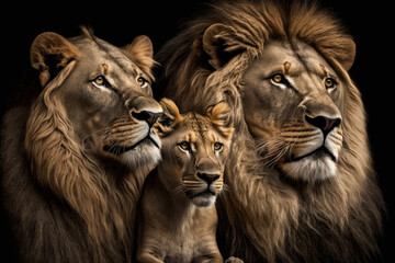  Lions family with cubs on dark background. AI Generative