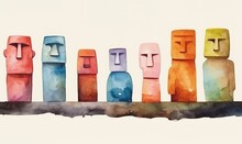 Watercolor Statues Of Moai