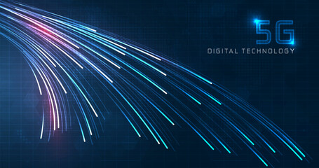 Wall Mural - Blue light streak, fiber optic, speed line, futuristic background for 5g or 6g technology wireless data transmission, high-speed internet in abstract. internet network concept. vector design.