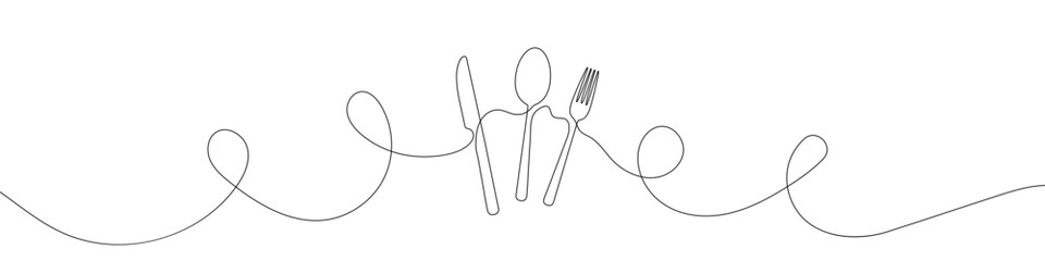 Canvas Print - spoon, fork and knife in continuous line drawing style. line art silhouette of cutlery.