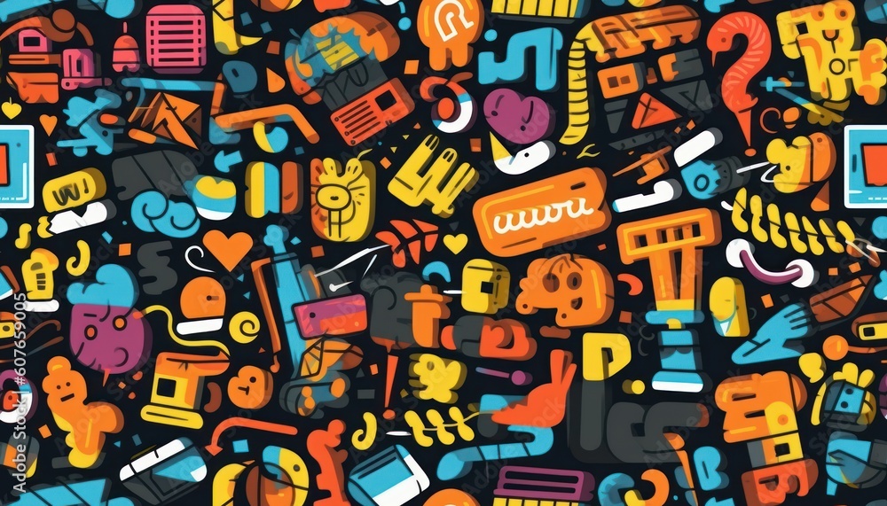 Doodle Art Seamless Pattern, Fashion Textile, Sport clothes, Street Art Graffiti Style Background. Generative Ai