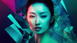 Asian model portrait on neon emerald  background, futuristic fashion ai illustration   