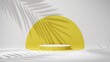 3D rendering podium for product simply design with circle yellow in back.Shadow natural leaf drop to the scene.