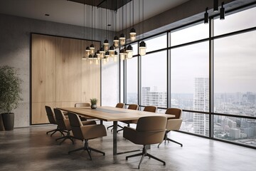 Wall Mural - Interior of modern meeting room with concrete floor, panoramic window and city view