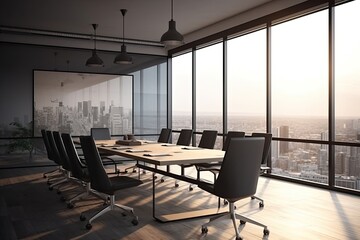 Wall Mural - Interior of modern meeting room with concrete floor, panoramic window and city view
