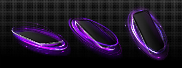 Wall Mural - 3d purple neon ring and mobile phone background. Futuristic technology product display with laser podium mock up. Beautiful cyber space vector mockup for cellphone device exhibition isolated set