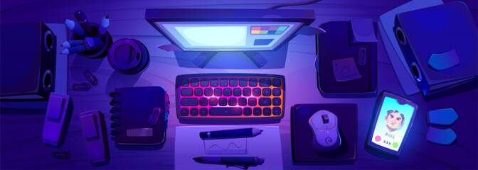Night desk with computer light vector illustration. Office or home table workspace top view with pc, mouse, coffee, notebook and calling phone. animator freelance workstation interior cartoon design