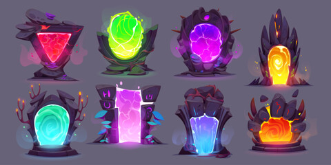 Wall Mural - magic gate portal door ui futuristic game cartoon set. green and blue teleport frame to fantastic pa