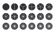 Circles divided into parts from 1 to 18. Black round chart for infographic, pie portion or pizza slice. Wheel division into fractions, circular shape sectors on white background