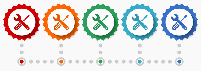Poster - Tools vector icon set, colorful infographic template, set of flat design badge icons in 5 color options