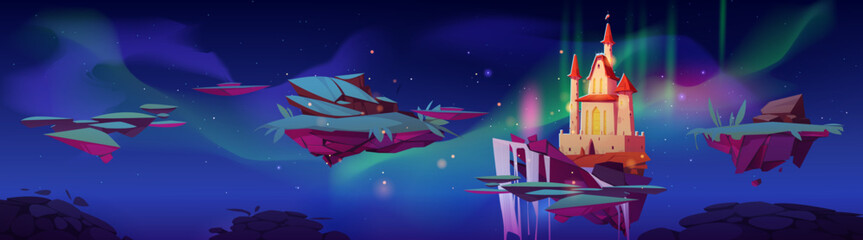 floating islands with castle, waterfall and aurora sky. vector cartoon illustration of pieces of lan