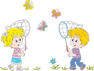 Wall Mural - Happy little girl and boy with catching colorful butterflies in a park on a sunny summer day, vector cartoon illustration isolated on white