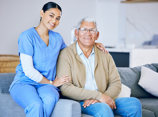 Wall Mural - Senior man, woman caregiver and portrait with retirement, health and wellness in nursing home. Happy people, female nurse and elderly male patient with hug, smile and healthcare with help and support