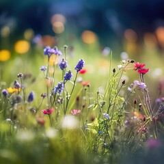 Wall Mural - Colorful spring summer landscape with wild flowers in meadow in nature glow in sun. Selective focus, shallow depth of field.