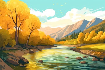 Wall Mural - the river flows near the autumn trees with yellow leaves near the mountains. autumn landscape. generative ai.