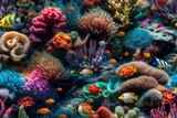 Fototapeta Do akwarium - Tropical Aquarium with Fish, Coral. Anemones Seamless Texture Pattern Tiled Repeatable Tessellation Background Image
