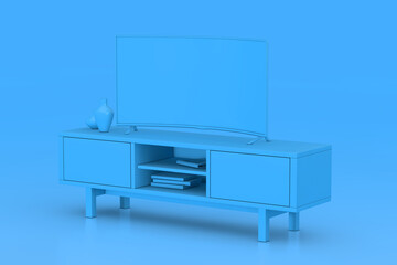Poster - Monochrome Modern Blue Curved Led or LCD Smart TV Screen Mockup above Blue Console Rack. 3d Rendering