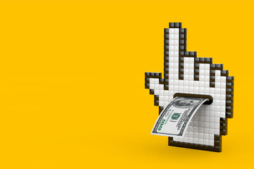 Leinwandbilder - Pixel Hand Cursor Icon with One Hundred Dollars Banknote. 3d Rendering