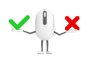 Aufkleber - Computer Mouse Cartoon Person Character Mascot with Red Cross and Green Check Mark, Confirm or Deny, Yes or No Icon Sign. 3d Rendering