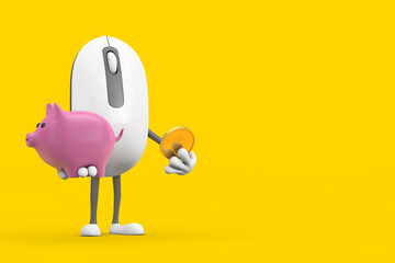 Leinwandbilder - Computer Mouse Cartoon Person Character Mascot with Piggy Bank and Golden Dollar Coin. 3d Rendering
