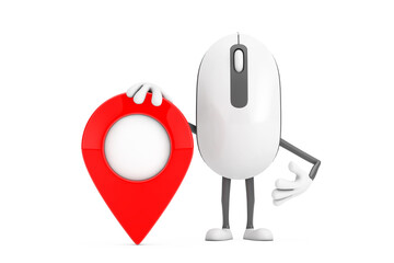 Fototapete - Computer Mouse Cartoon Person Character Mascot with Red Target Map Pointer Pin. 3d Rendering