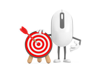 Leinwandbilder - Computer Mouse Cartoon Person Character Mascot with Archery Target and Dart in Center. 3d Rendering