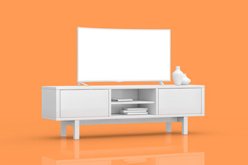 Poster - White Modern Curved Led or LCD Smart TV Screen Mockup above White Console Rack in Clay Style. 3d Rendering
