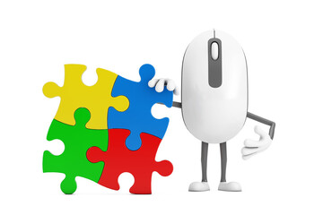 Poster - Computer Mouse Cartoon Person Character Mascot with Four Pieces of Colorful Jigsaw Puzzle. 3d Rendering