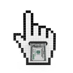 Leinwandbilder - Pixel Hand Cursor Icon with One Hundred Dollars Banknote. 3d Rendering