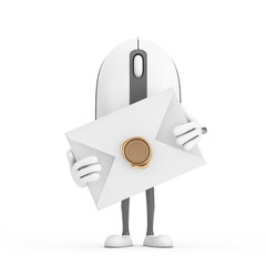 Poster - Computer Mouse Cartoon Person Character Mascot with White Blank Envelope. 3d Rendering